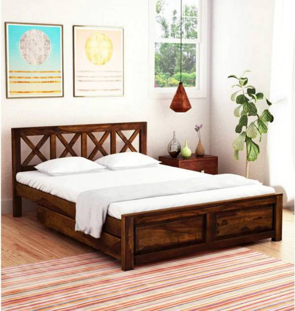 Rjkart Bed with 2 Side Drawers Storage for Bedroom Living Room Wooden Double Bed Solid Wood Queen Drawer Bed