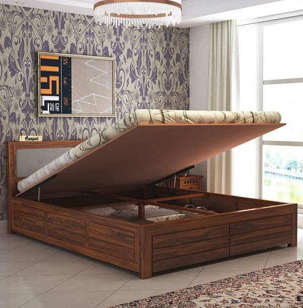 Ganpati Arts Sheesham Wood Euro King Size Bed with Box Storage for Bedroom/Living Room Solid Wood King Hydraulic Bed