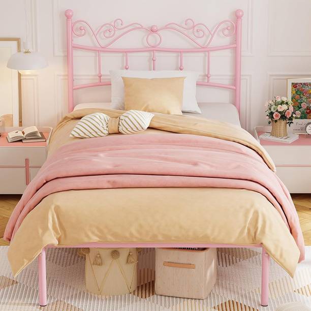 ADORN MART Twin Bed Frame with Headboard and Footboard, pink Bed Frame. Metal King Bed