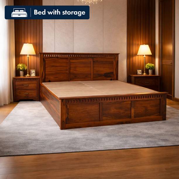 KraftShilp Heritage Haven Sheesham Wood Cot Solid Wood Queen Hydraulic Bed, 159 cm x 209 cm (5.22 ft x 6.86 ft)