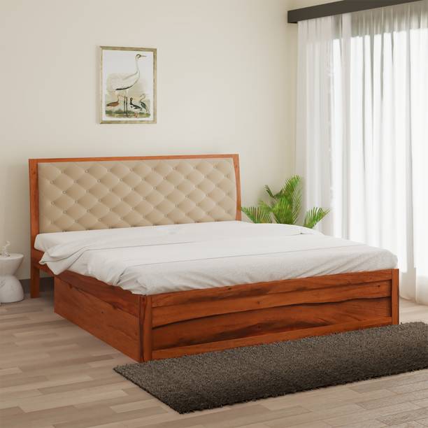 Wakeup India Eleganz Sheesham Wood Bed With Storage and Upholstered Cushioned Headboard Solid Wood King Drawer Bed