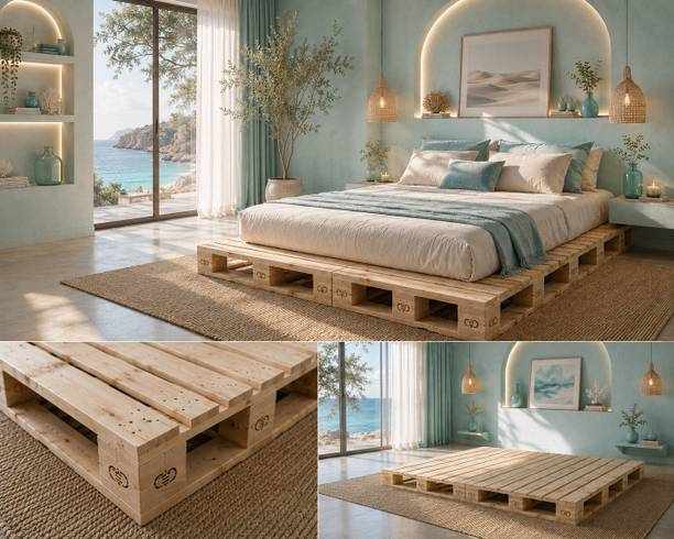 Knowk knock Beautiful Nordic 4×6 ft Pine Wood Pallet Bed Rustic Modern Wooden Furniture Solid Wood Double Bed, 183 cm x 122 cm (6.0 ft x 4.0 ft)