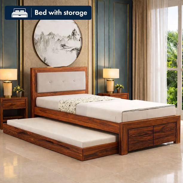 Ganpati Arts Sheesham Wood Euro Wooden Single Cot For Home/Single Trundle Bed With Storage Solid Wood Single Drawer Bed, 210.82 cm x 106.68 cm (6.92 ft x 3.5 ft)