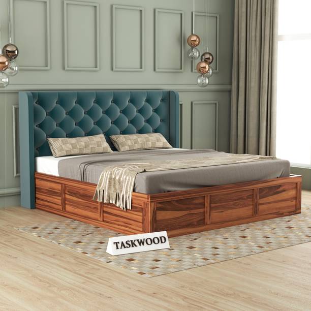 Taskwood Furniture Solid Wood Queen Size Bed With Fabric Headboard And Box Storage For Bedroom Solid Wood Queen Box Bed