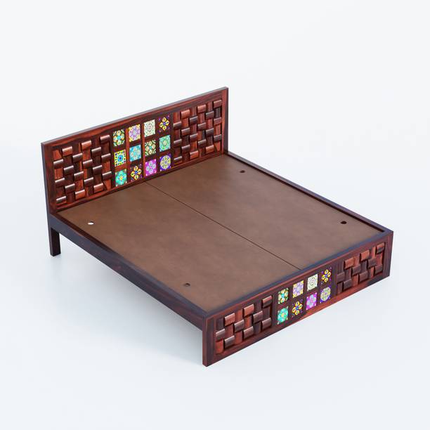 Rukmaajee Art honey finish King Size Niwar Tile Sheesham Wood Bed Solid Wood King Bed