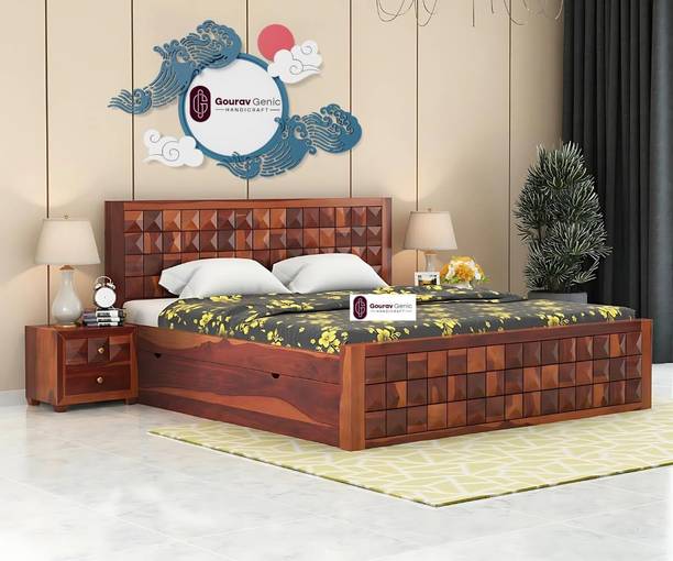 Gouravgenics Handicraft Premium Queen Size Bed Solid Wood Queen Box, Drawer Bed, 213.4 cm x 162.6 cm (7.0 ft x 5.33 ft)