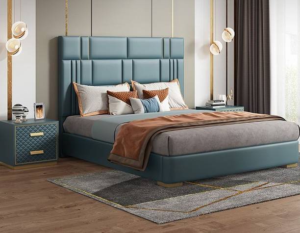 HighTable Modern Beige Platform Storage Bed with Tall Upholstered Headboard & LiftUp Frame Solid Wood Double Box Bed