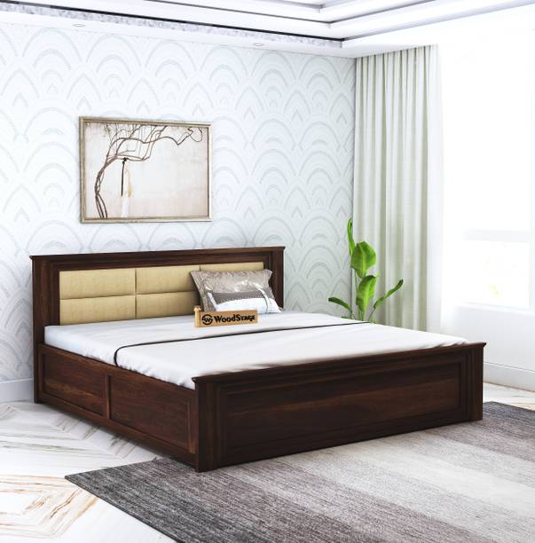 WOODSTAGE Sheesham Wood King Size Bed with Cushioned Headboard and Hydraulic Storage Solid Wood King Hydraulic Bed
