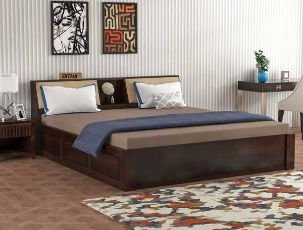 DITHA Solid Sheesham Wood King Size Bed With Headboard And Box Storage For Bedroom. Solid Wood King Box Bed