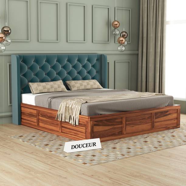 Douceur Furnitures Solid Sheesham Wood King Size Bed With Fabric Headboard, Box Storage For Bedroom Solid Wood King Box Bed