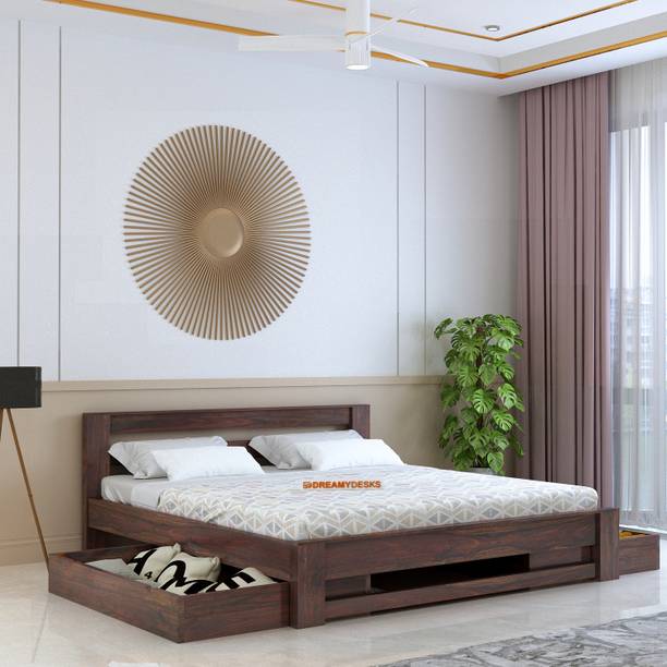 Dreamydesks Eterna Solid Wood low Height Drawer storage Bed for Bedroom 1-Year Warranty Solid Wood Queen Drawer Bed