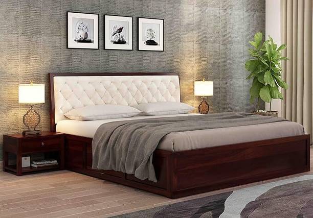WOODSTAGE Sheesham Wood King Size Bed with Box Storage (Walnut Finish, Beige) Solid Wood King Box Bed