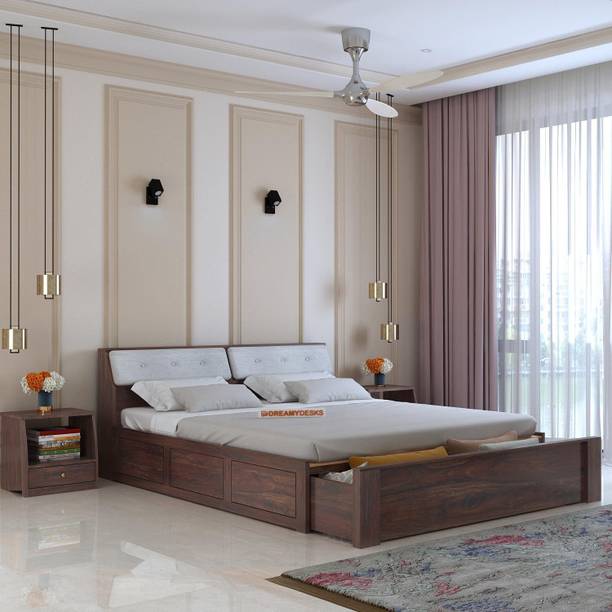 Dreamydesks Solid Sheesham Wood King Size Bed with Drawer Storage Solid Wood King Drawer Bed