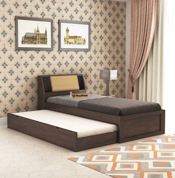WOODSTAGE Sheesham Wood Single Size Mayor Trundle Bed with 1 Extra Pullout Wooden Bed Solid Wood Single Bed
