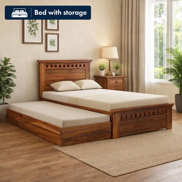 Ganpati Arts Sheesham Wood Armania Wooden Single Cot For Home/Single Trundle Bed With Storage Solid Wood Single Drawer Bed, 198 cm x 106 cm (6.5 ft x 3.48 ft)