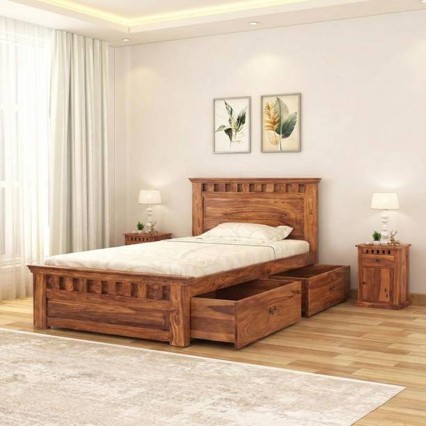SONA ART & CRAFTS Kuber Solid Sheesham Wood Single Bed Furniture with Two Drawer StorageTrolly Bed Solid Wood Single Drawer Bed, 216 cm x 99 cm (7.09 ft x 3.25 ft)
