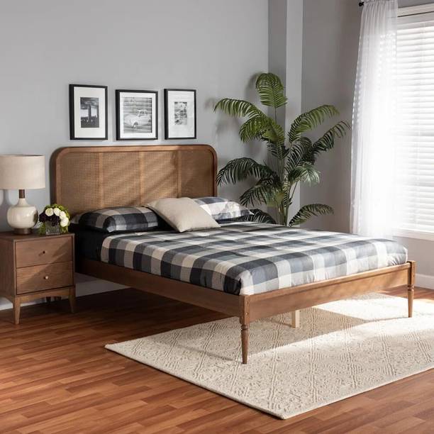 ISHIKAFURNITURE Aarvik Platform Bed Frame with Rattan Cane Webbing Headboard Solid Wood King Bed, 208 cm x 190 cm (6.82 ft x 6.23 ft)