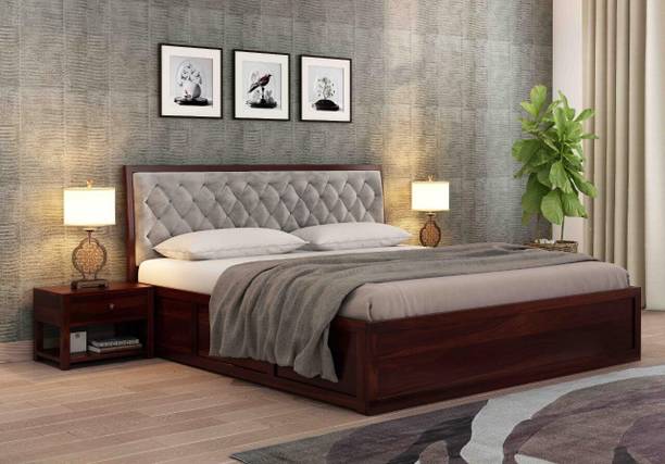 DITHA Furniture Solid Sheesham Wood King Size Bed With Fabric Headboard For Bedroom. Solid Wood King Box Bed