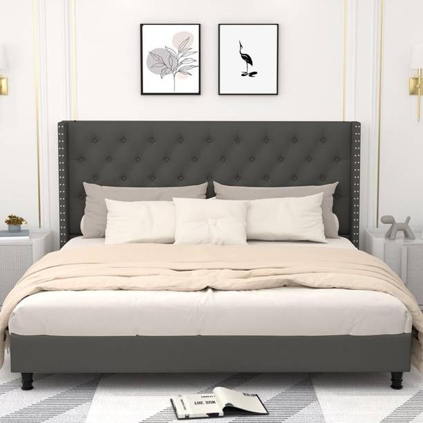 Taskwood Furniture Fabric Queen Size Bed With Diamond Line Headboard Without Storage For Bedroom Engineered Wood Queen Bed