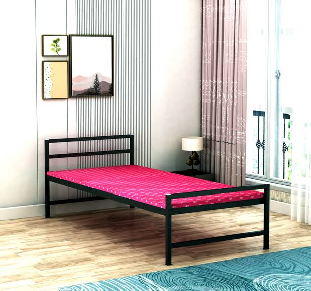 Ziaula ZIAULA 6X3 Feet Iron Metal Bed With Attached MDF Board and Mattress Metal Single Bed