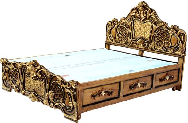 W.S.HANDICRAFTS W S HANDICRAFTS Teak wood bed, Storage box for living room hand carved king size Solid Wood King Box Bed, 180 cm x 188 cm (5.91 ft x 6.17 ft)