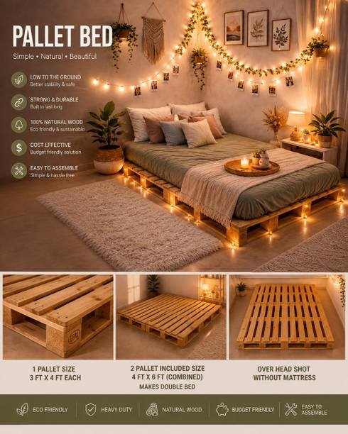 Wakeflow Nordic Solid Pine Wood Pallet Bed Minimalist Platform Floor Frame Natural Finish Solid Wood Double Bed, 122 cm x 92 cm (4.0 ft x 3.02 ft)
