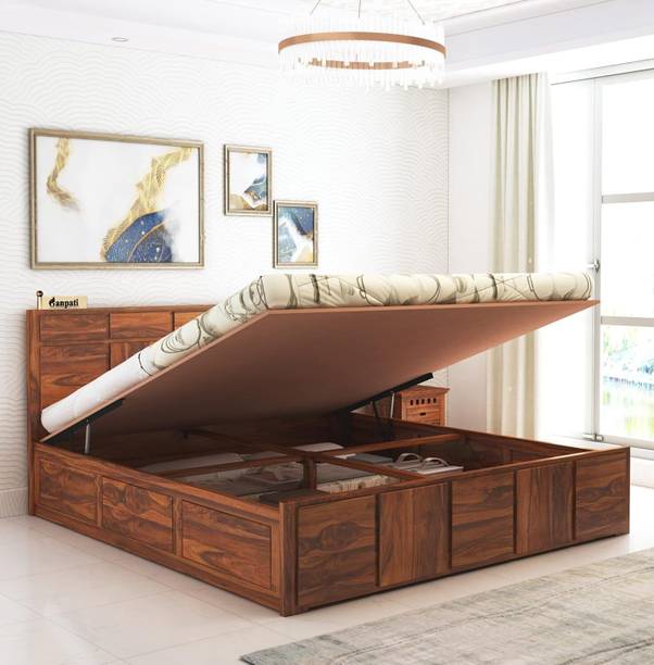 Ganpati Arts Sheesham Wood Scott Bed/Wooden Cot With Hydraulic Storage Bed For Bedroom/Home Solid Wood Queen Hydraulic Bed