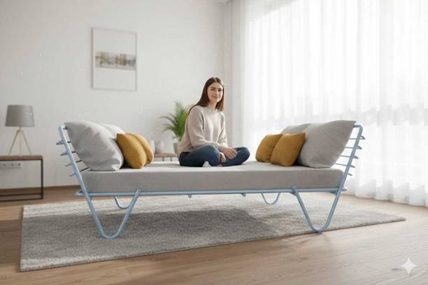METALIQUE Metal Single Folding Bed with 4-Inch Foam Mattress – Velvet Fabric Uph