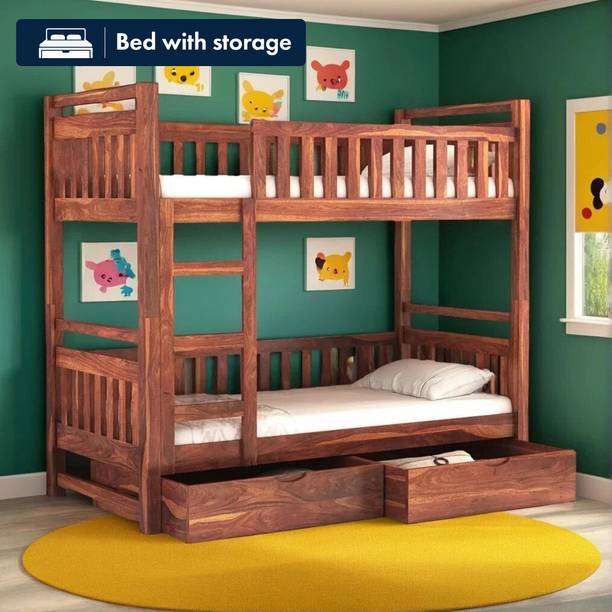 DITHA Solid Wood Bed|Wooden Bunk Bed With Drawer|Sheesham Wood Kid Bed|Bed With Ladder Solid Wood Single Drawer Bed, 99.06 cm x 208.28 cm (3.25 ft x 6.83 ft)