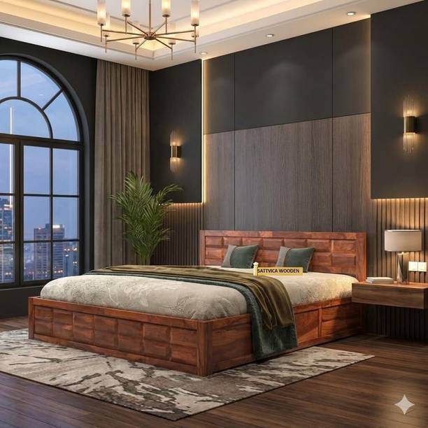 SATTVICA WOOODEN Solid Wood Queen Box Bed, 205.6 cm x 157.48 cm (6.75 ft x 5.17 ft)
