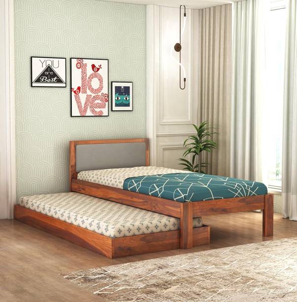 Rj Art Single Trundle Bed with 1 Extra Pullout Cot Palang with Upholstered Headboard Solid Wood Single Bed, 210 cm x 98 cm (6.89 ft x 3.22 ft)