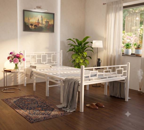 FOLDURA White Steel Bed Metal Single Bed, 198 cm x 91 cm (6.5 ft x 2.99 ft)
