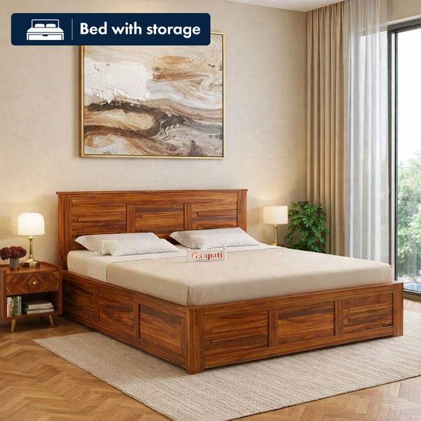 Ganpati Arts Sheesham Wood Swiss Bed For Bedroom/Hotel/Wooden Cot/Bed With Box Storage Solid Wood King Box Bed, 205 cm x 190 cm (6.73 ft x 6.23 ft)