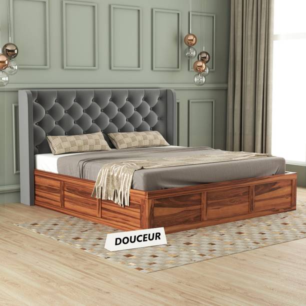 Douceur Furnitures Solid Wood Queen Size Bed With Fabric Headboard And Box Storage Solid Wood Queen Box Bed