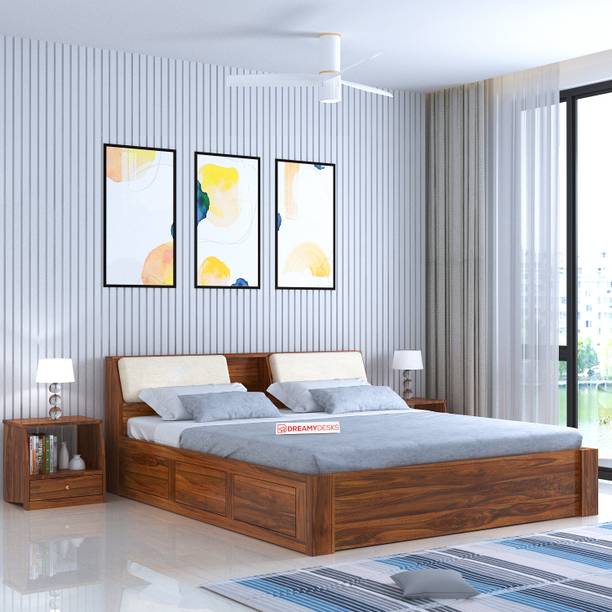 Dreamydesks Vizier Pure Solid Sheesham Wood Queen Box Storage Bed/Wooden Bed/1 year warranty Solid Wood Queen Box Bed