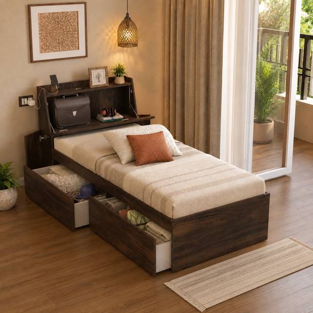 Studio Kook Tribe Left with Headboard storage Engineered Wood Single Drawer Bed, 225 cm x 98.4 cm (7.38 ft x 3.23 ft)