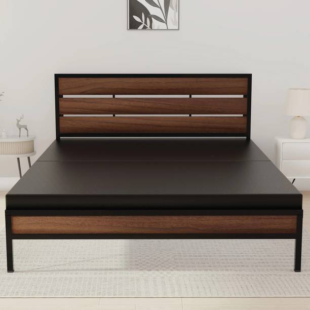HoneyTouch Elvo Queen Size Bed Frame with Wooden Headboard| No Assembly Required|(5x6.25ft) Metal Queen Bed