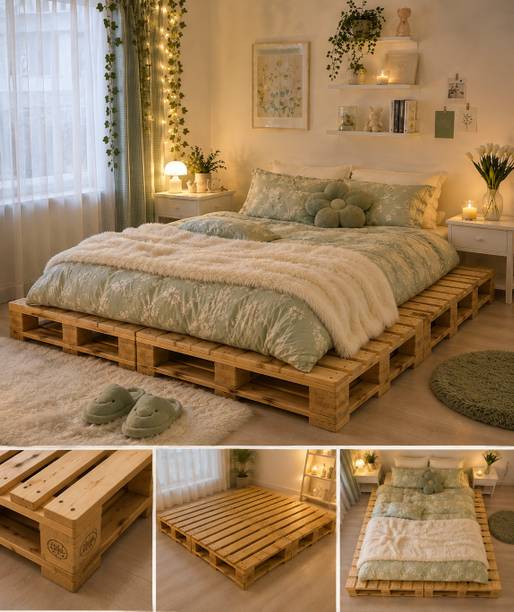 Knowk knock Beautiful Nordic 4×6 ft Pine Wood Pallet Bed Rustic Modern Wooden Furniture Solid Wood Double Bed, 183 cm x 122 cm (6.0 ft x 4.0 ft)