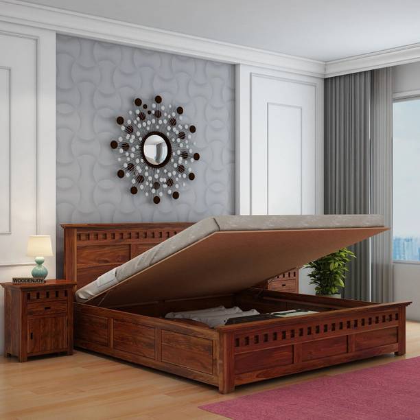 WOODENJOY Sheesham Wood Queen Bed/Wooden Bed With Hydraulic Storage/Wooden Palaung Solid Wood Queen Hydraulic Bed