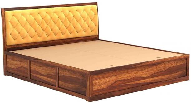DITHA Furniture Solid Sheesham Wood King Size Bed With Fabric Headboard For Bedroom Solid Wood King Box Bed