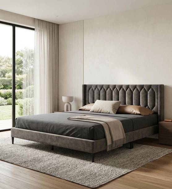 Mintwud From Pepperfry Mason Velvet Upholstered without Storage Bed For Bedroom | Home Engineered Wood Queen Bed, 161 cm x 208 cm (5.28 ft x 6.82 ft)