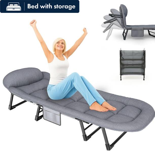 yorten Folding Camping Cot Position Adjustable Backrest &Side Pocket for Home,Office Metal Single Box Bed, 178 cm x 69 cm (5.84 ft x 2.26 ft)