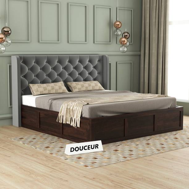Douceur Furnitures Solid Wood Queen Size Bed With Fabric Headboard And Box Storage Solid Wood Queen Box Bed
