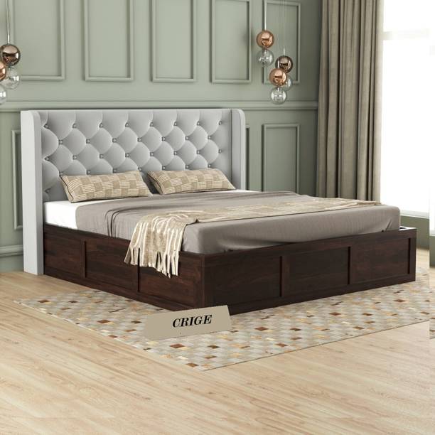 CRIGE Solid Wood King Size Bed With Fabric Headboard And Box Storage For Bedroom Solid Wood King Box Bed
