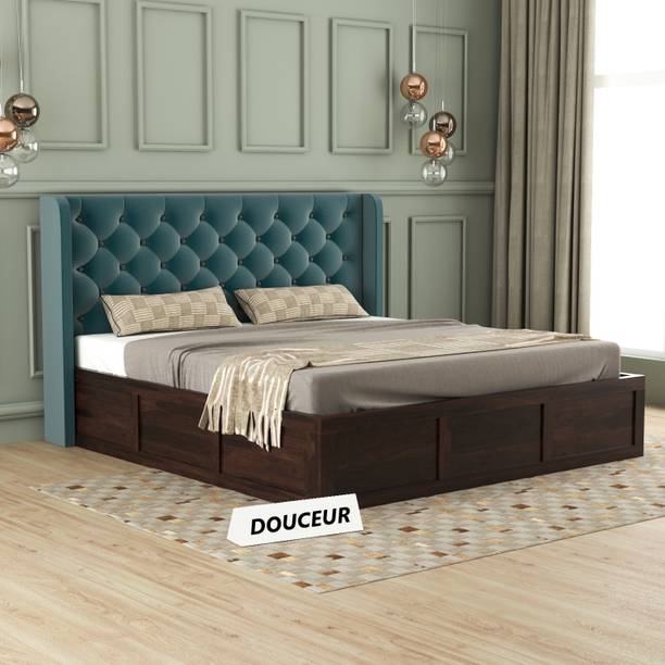 Douceur Furnitures Solid Sheesham Wood King Size Bed With Fabric Headboard, Box Storage For Bedroom Solid Wood King Box Bed