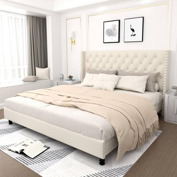 Klenta Home Decor Fabric Upholstered King Size Bed With Button Tufted Headboard For Bedroom || Solid Wood King Bed