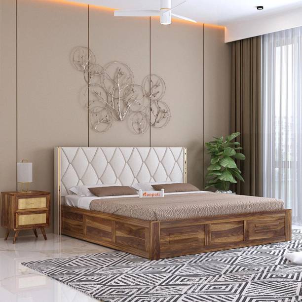 Ganpati Arts Wooden Swiss Upholstered Queen Bed/Upholstered Solid Wood Bed With Box Storage Solid Wood Queen Box Bed