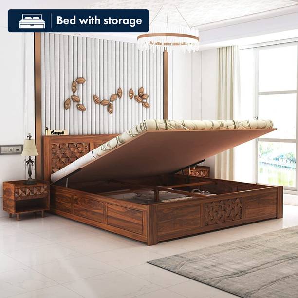Ganpati Arts Sheesham Wood Raj Bed/Wooden Cot/Palaung With Hydraulic Storage Bed For Bedroom Solid Wood King Hydraulic Bed, 209 cm x 190 cm (6.86 ft x 6.23 ft)