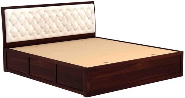 DITHA Furniture Solid Sheesham Wood King Size Bed With Fabric Headboard For Bedroom. Solid Wood King Box Bed