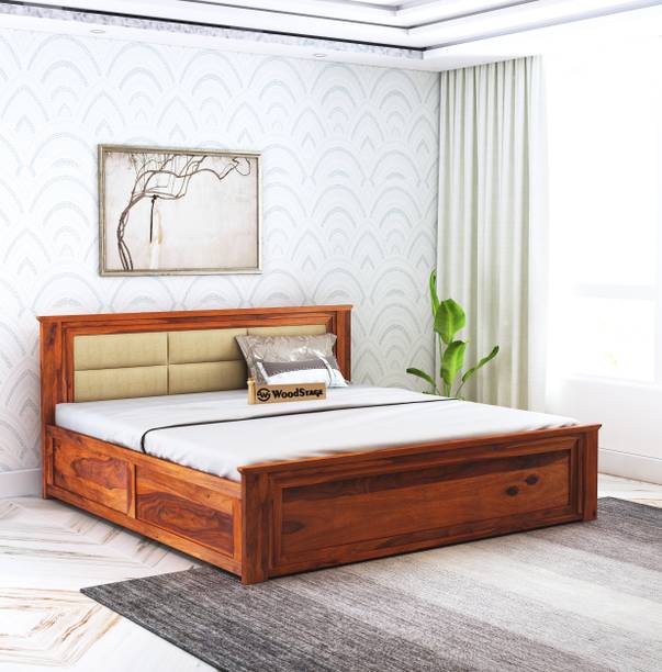 WOODSTAGE Sheesham Wood King Size Bed with Cushioned Headboard and Hydraulic Storage Solid Wood King Hydraulic Bed